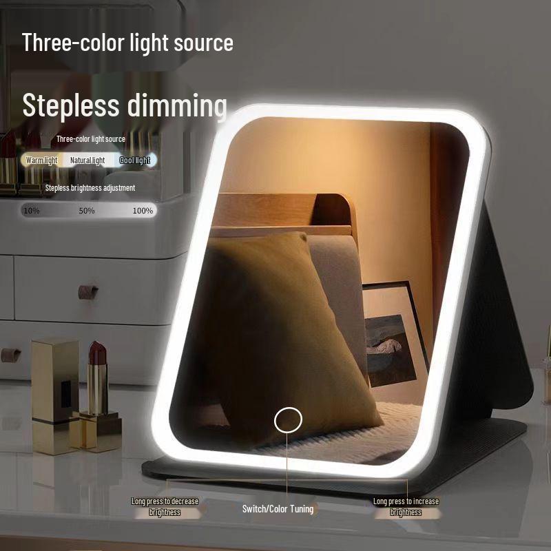 Foldable LED Makeup Mirror with HD Light - Portable, Stylish for Dorms and Desktops