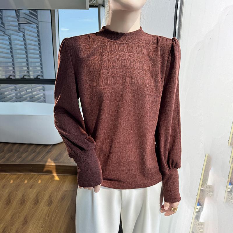 

Ранняя осень Женская французская ретро-рубашка с полувысокой круглой горловиной и длинными рукавами-фонариками из жаккарда свободного кроя XXL кофейный