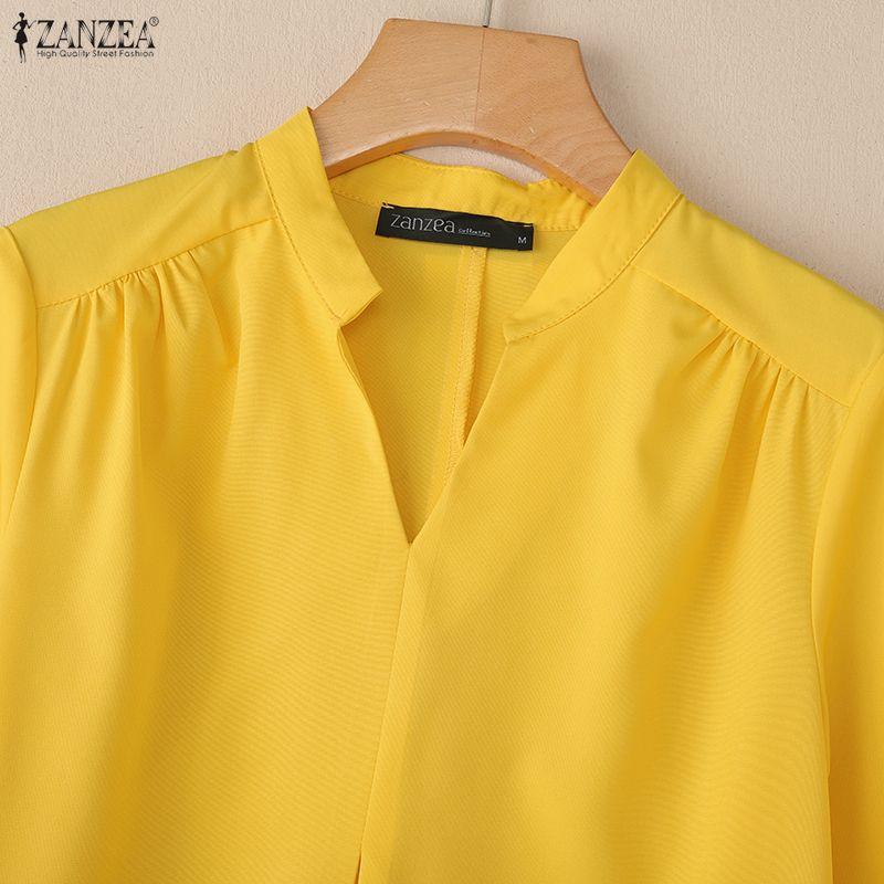 ZANZEA Damen Lockerer V-Ausschnitt 3/4-Ärmel Einfarbig Lässige Bluse