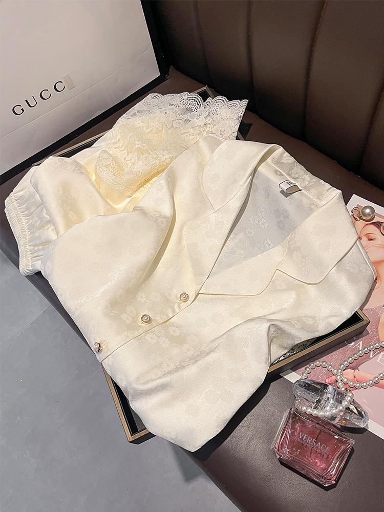 

Women s Spring-Summer Lace Silk Pajama Set: Short Sleeve, Long Pants L грязно-белый