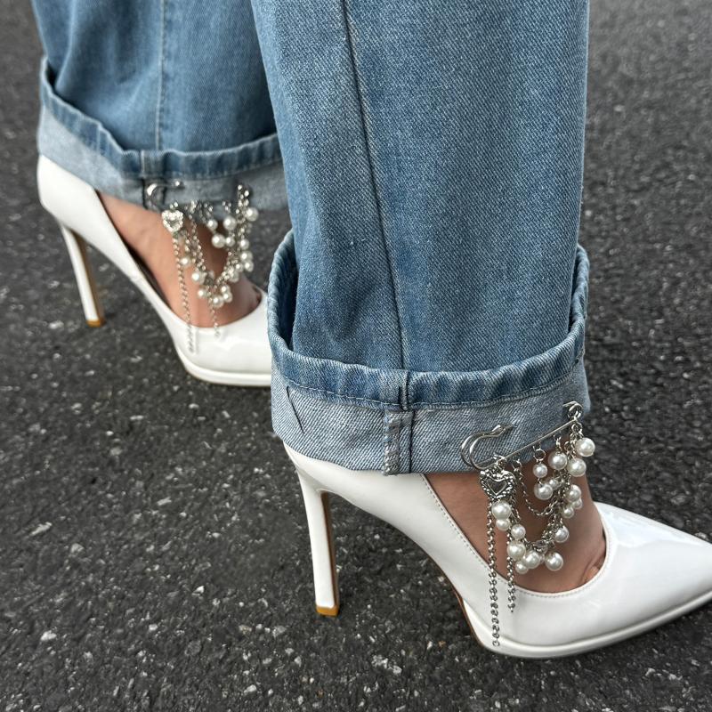 Imitation Pearl Heart Pendant Brooch Detachable Button Clasps Trouser Leg Decor Brooch Tassel Adjustable Jean Fit Tighten Buckle