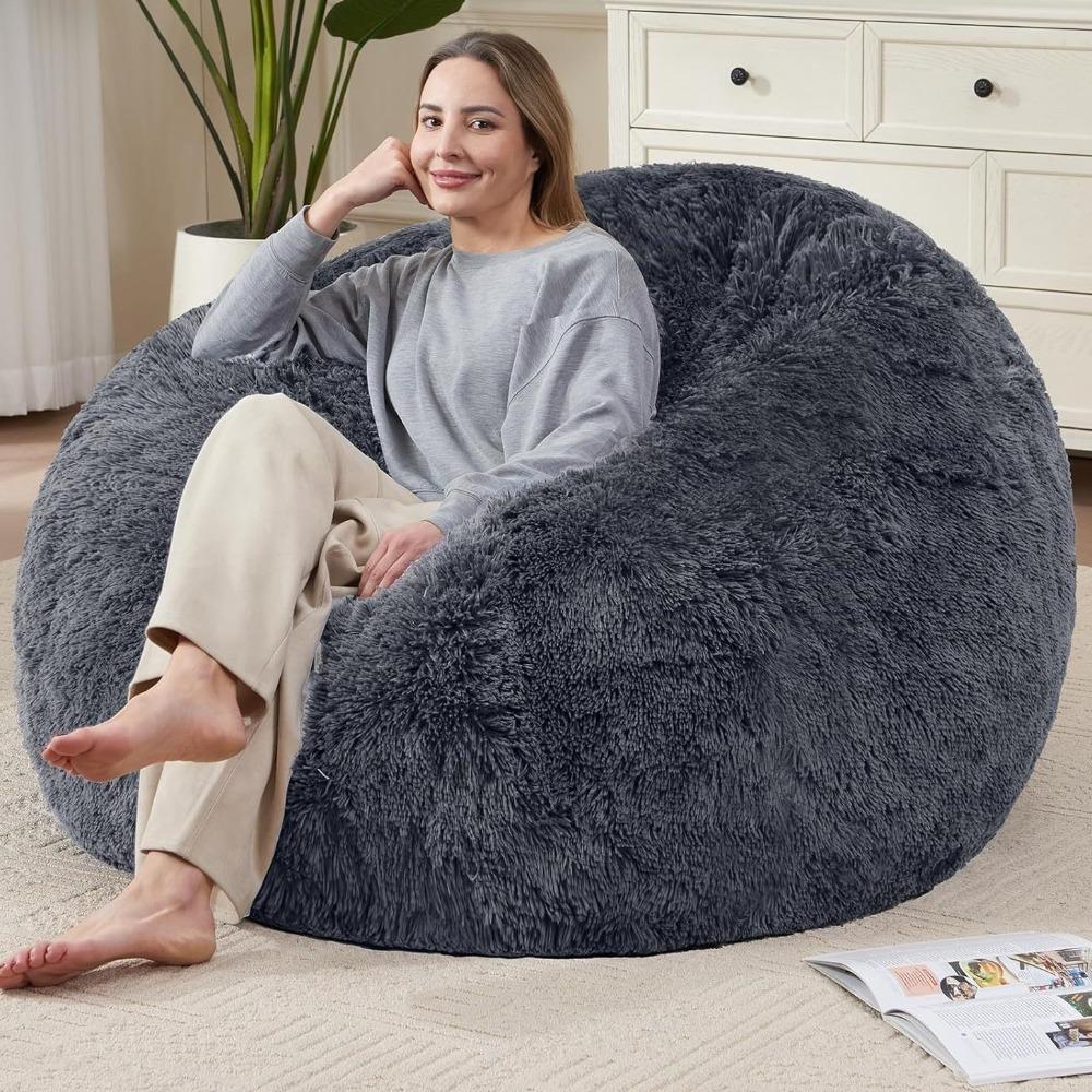 Comfy Soft Fluffy Plush Lazy Sofa Cover Large Size Round Bean Bag Chair Cover Cozy Colorful Beanbag Sofa Cover Dorm Room