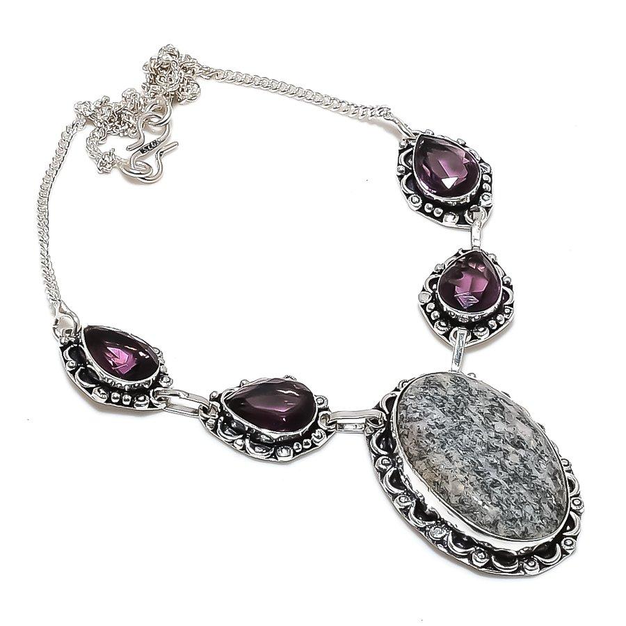 

Natural Banded Green Opal, Amethyst 925 Sterling Silver Necklace 18 I4M35