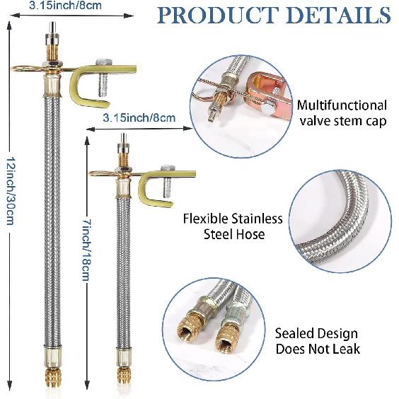 8 Pieces Tire Valve Extension, 2 Pieces Dual Tire Valve Extension Valve Stem Installation Tool with 6Pcs 45 90 135 Degree Brass Valve Stem Extender
