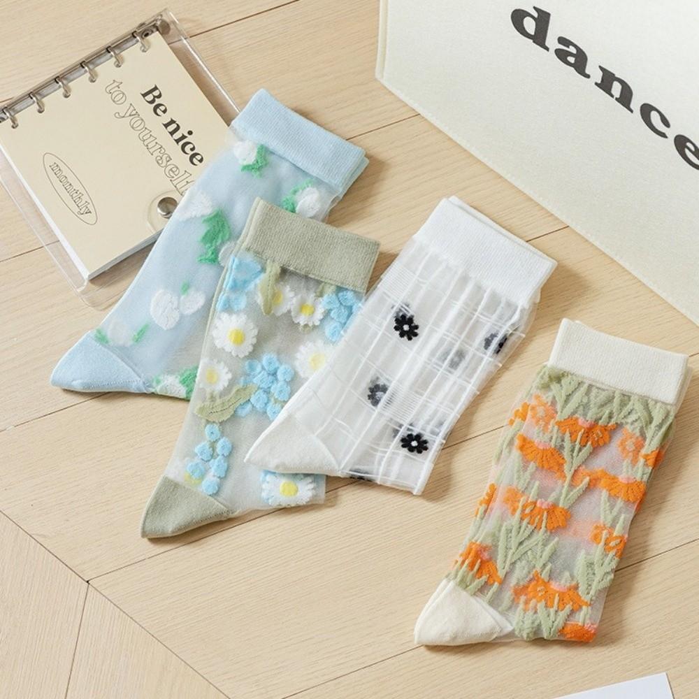 Crystal Silk Floral Embroidery Socks Tulle Fabric Mid-Tube Socks Kawaii Mesh Lace Socks Ladies