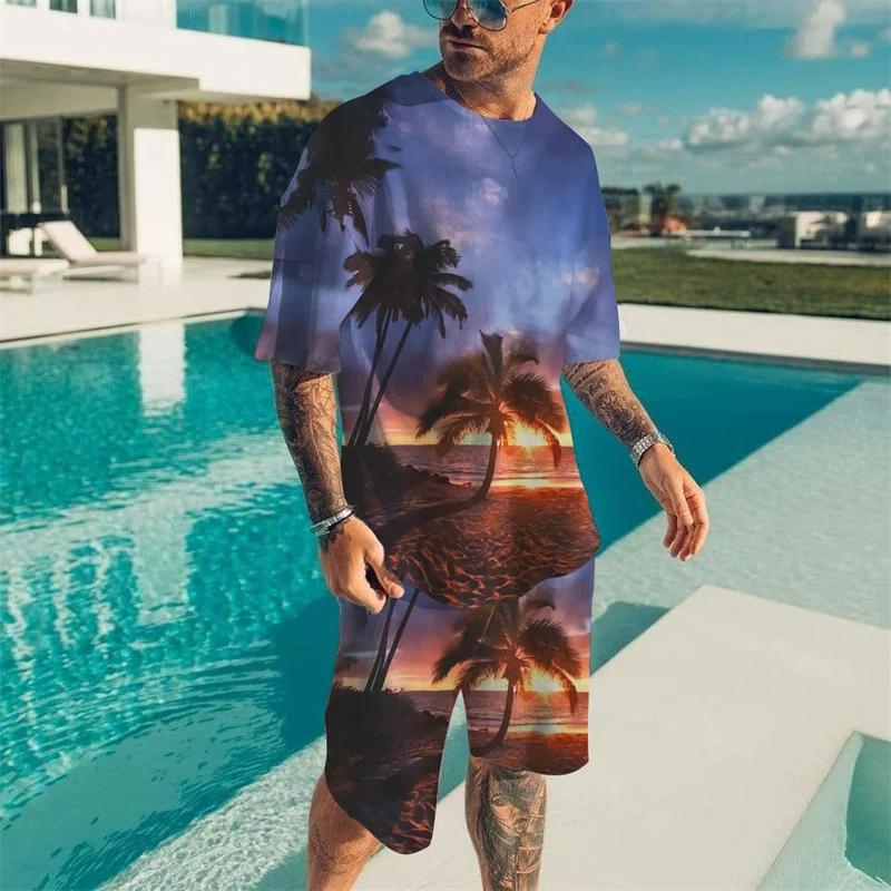 Summer Men's T Shirts+Shorts 2PCS Outfits Casual Holiday Style Shorts Sets 3D Print Cool Clothes Fashion O-Neck Beach Tracksuit