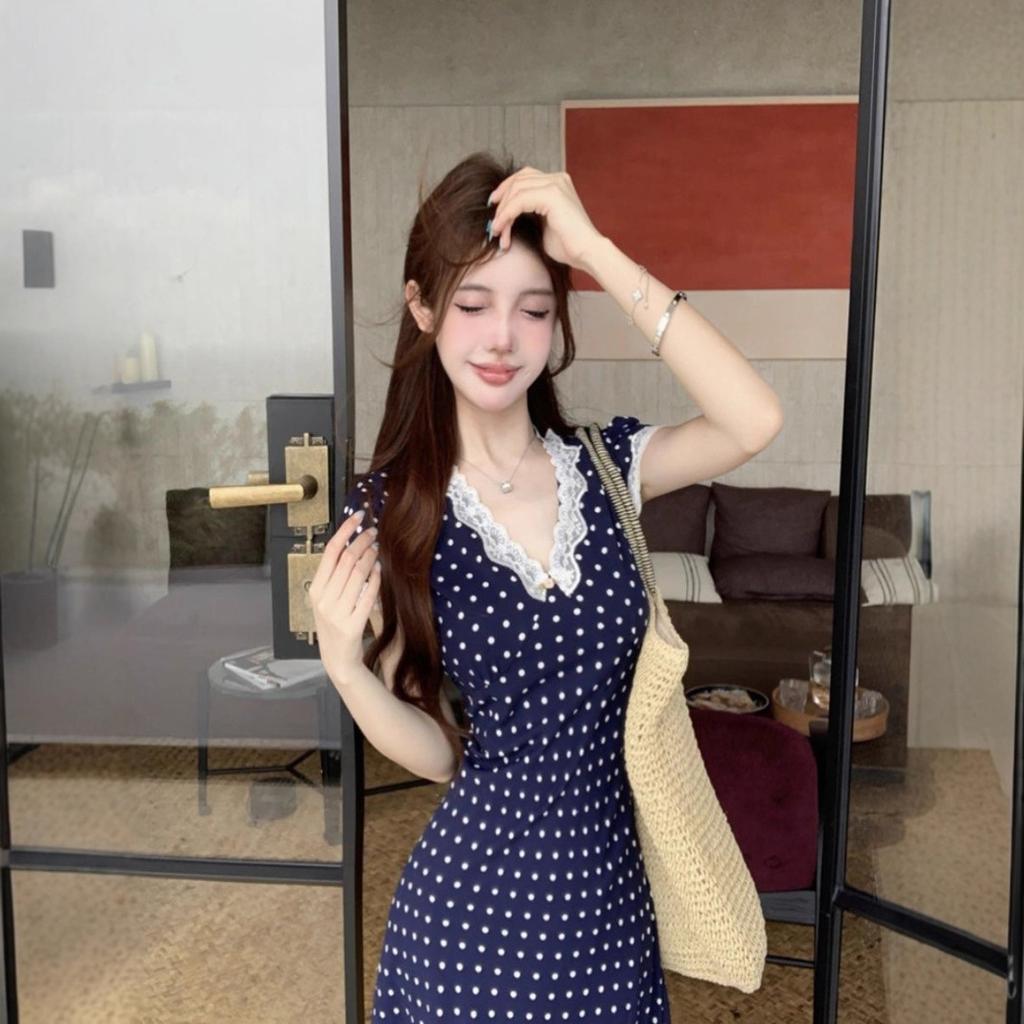 French retro popular polka dot dress, new lace temperament summer dress, slim and thin waist