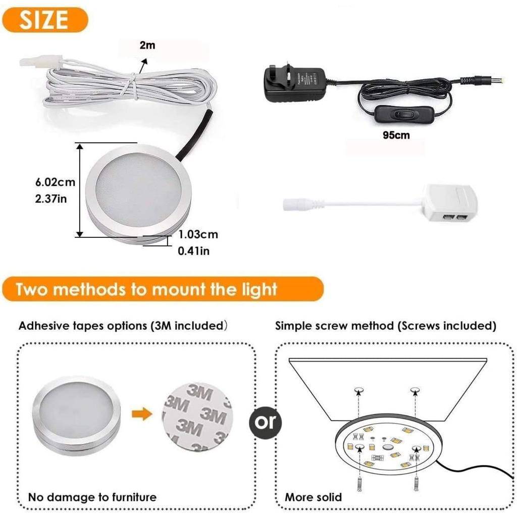 Kit Luci Sottopensile, Set da 3, Luci a Disco LED, 7,5W, 750LM, Bianco Freddo, Illuminazione per Vetrine, Luce a Disco per Cucina, Armadio, Bancone,