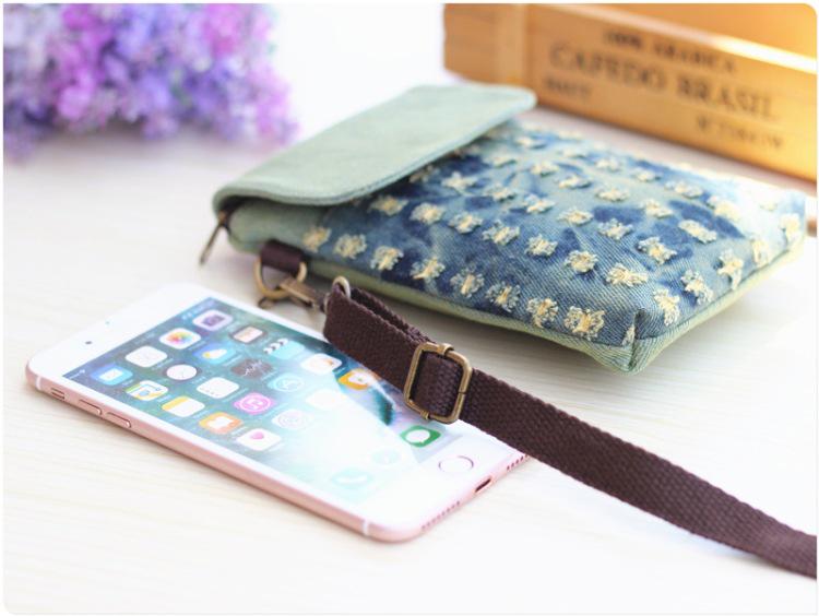 Denim Ripped Crossbody Small Bag - Cloth Art Large Screen Mobile Phone Bag