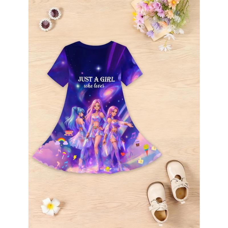 This Summer 3D Printed Short-sleeved Dress for Girls Features A Round Neck,