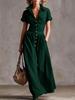 Damen Mehrfarbig Knopfleiste Hemdkleid Maxi-Kleid Revers Kurze Ärmel Tasche Vorne Lässig Langes Kleid