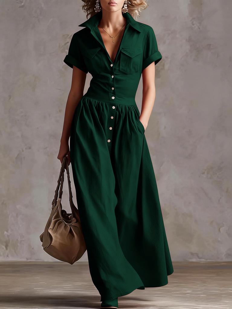 Damen Mehrfarbig Knopfleiste Hemdkleid Maxi-Kleid Revers Kurze Ärmel Tasche Vorne Lässig Langes Kleid