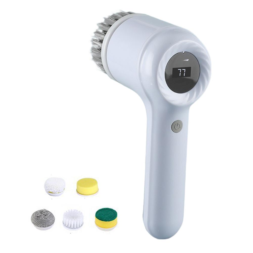 

Электрическая вращающаяся щетка для мытья посуды, беспроводная, с 5 насадками, щетка для чистки ванной комнаты для кухонной раковины, ванной комнаты белый