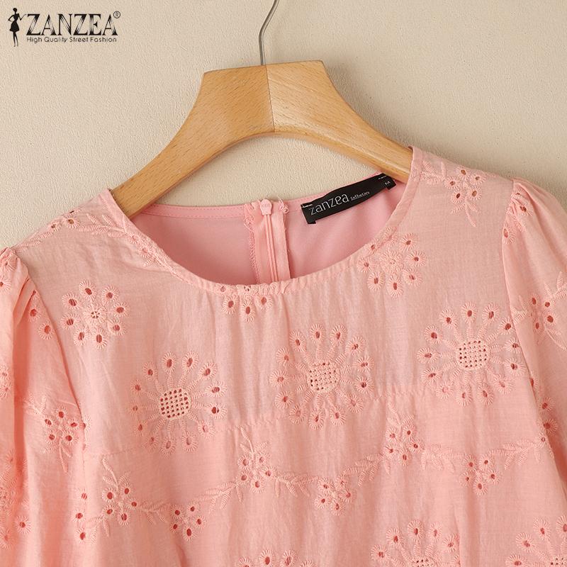 ZANZEA Women Casual Round Neck 3/4 Sleeve Loose Patchwork Crochet Blouse