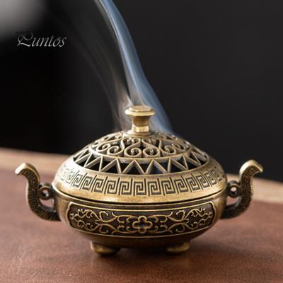 Mini Incense Coil Burner Chinese Style Vintage Hollow Dual-ears Three-Legged Zinc Alloy Incense Cone Holder Home Office Desktop Decoration