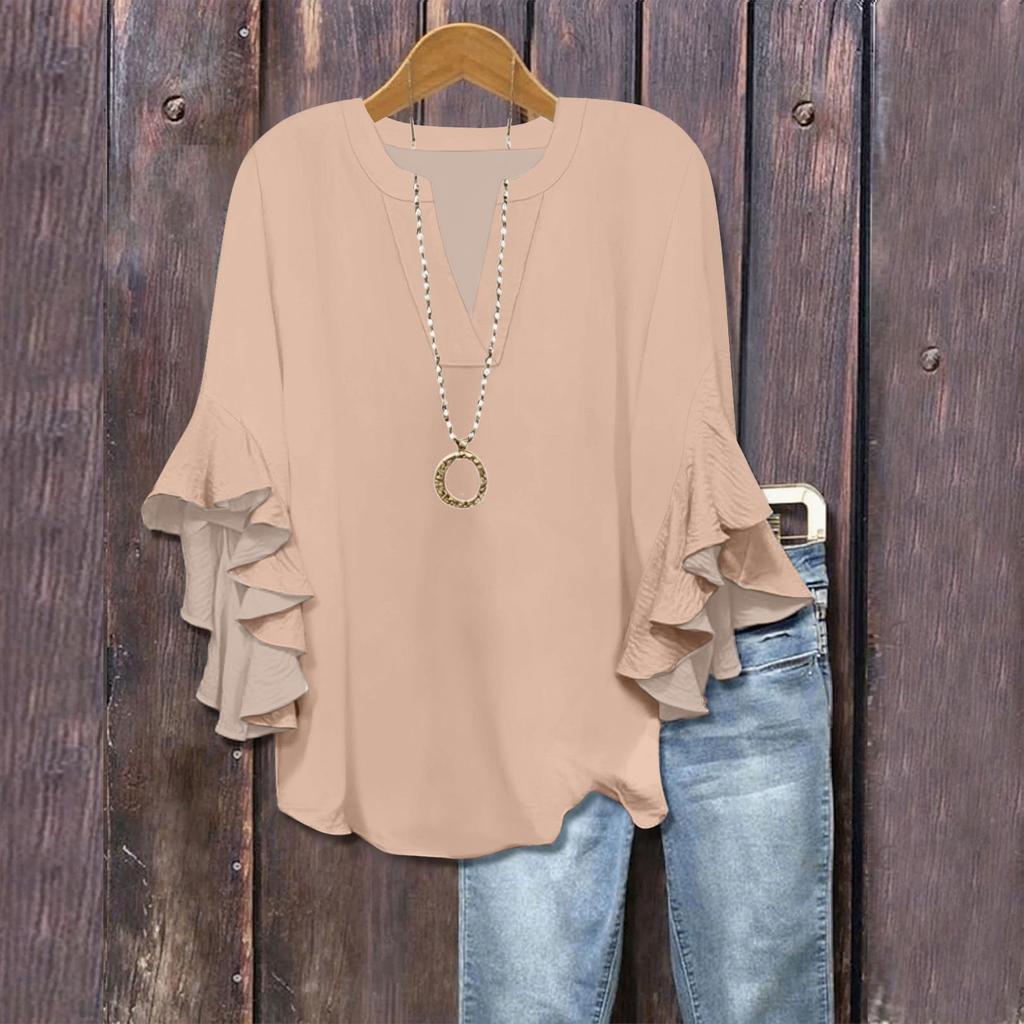 3/4 Sleeve Shirts For Women Cute Print Graphic Tees Blouses Casual Plus Size Basic Ruffled Sleeve Tops Pullover