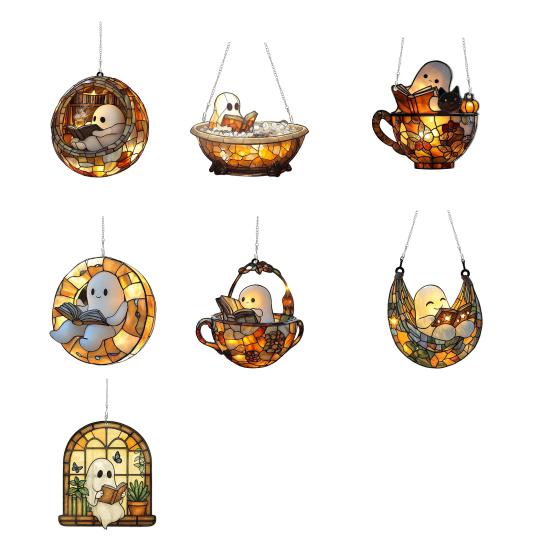 Halloween Reading Ghost Suncatcher Decoration Hanging Chair Cartoon Ghost Stained Glass 2D Flat Acrylic Wall Window Hanging Sign Ornament