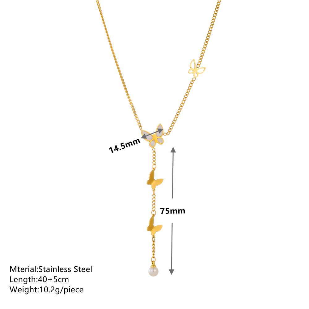 Elegant Titanium Steel Butterfly Necklace & Earring Set with Pearl Tassels - Non-Fading Stainless Steel