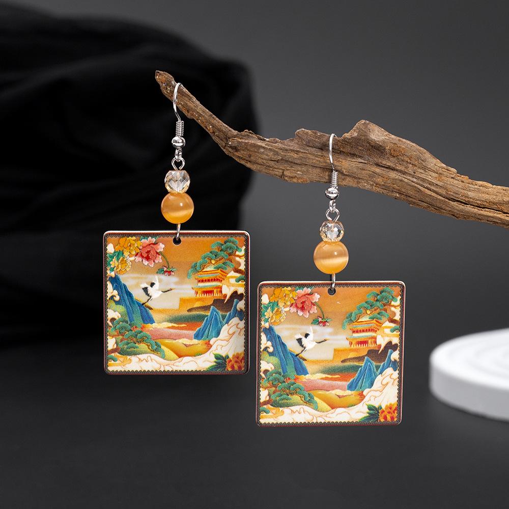 Auspicious National Style 3D Geometric Mountain and Cranes Acrylic Earrings разноцветный