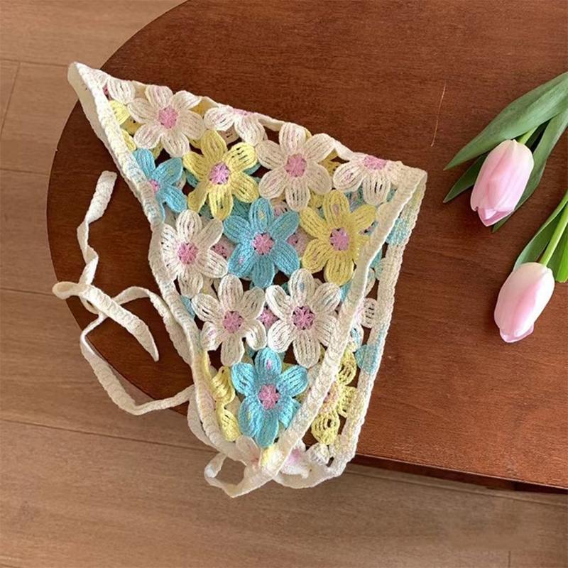 Französischer gestrickter Dreieckschal-Stirnband für Frauen, hohle Blume, koreanisches Haarband, Turban, Bandana, Headwarp, Haarschmuck