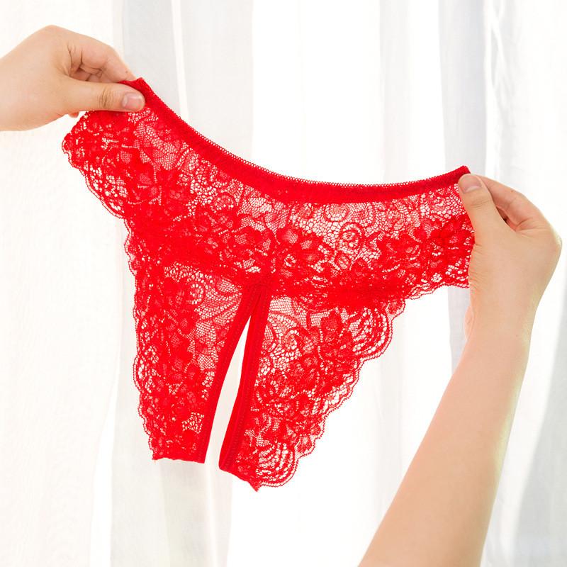 6 Colors Floral Lace Transparent Underpants Women Sexy Open Crotch Insertable Thongs Plus Size Low Waist Underwear Briefs