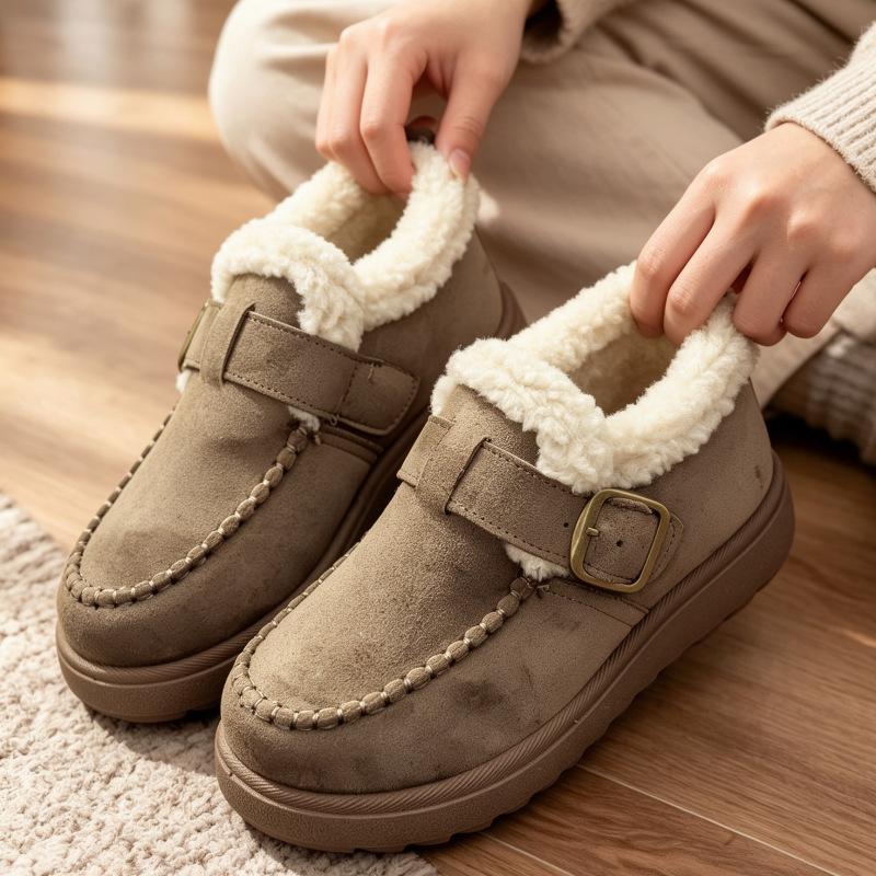 Retro buckle velvet Birkenstocks women's shoes, non-slip and wear-resistant thick-soled cotton shoes, simple and versatile women's short shoes