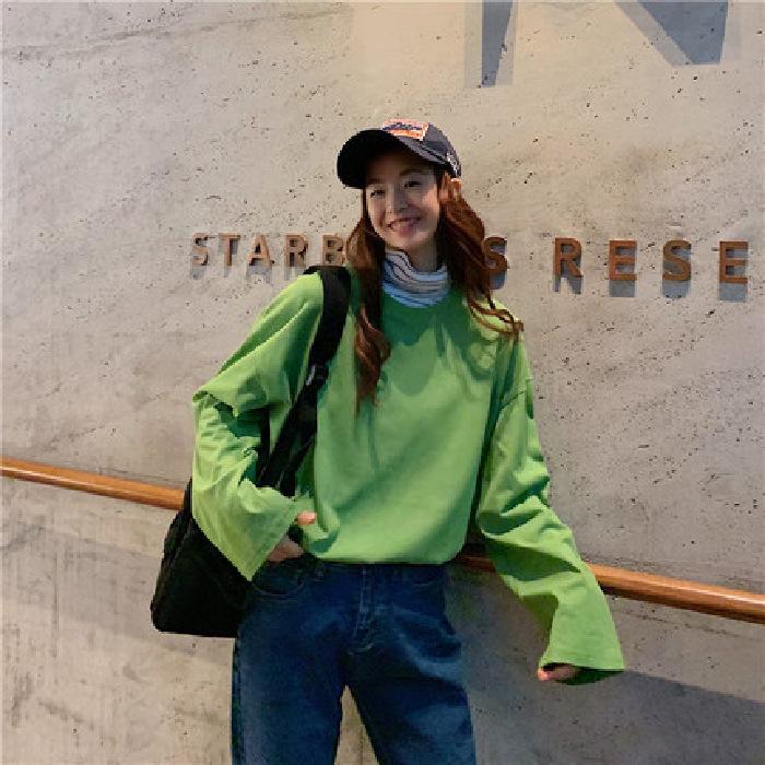 Spring and Autumn Women's Loose Solid Colour Long Sleeve Plus Size Tops