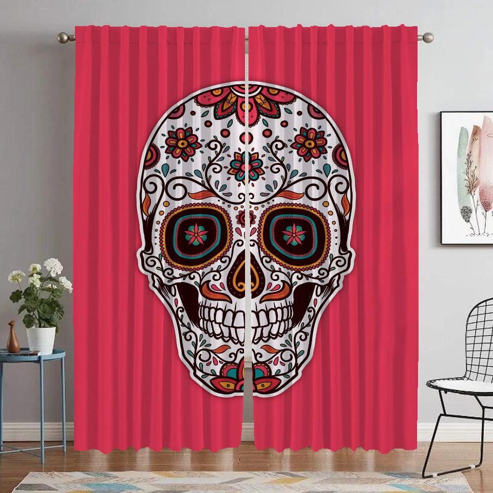 Mexico Flower Skull Anti-mosquito Curtains for Living Room Blackout Curtain for Room 2 Panel Halloween Decoration Partition Home