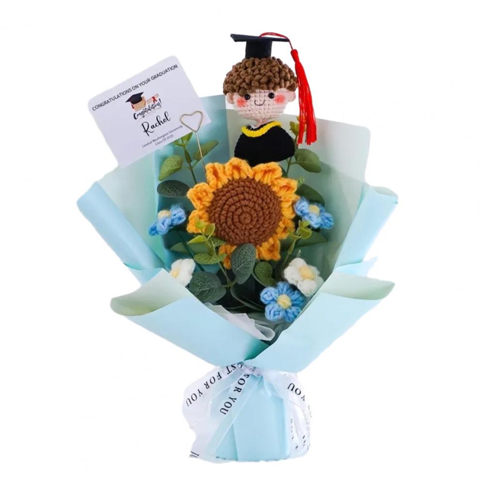 

Woven Flower Bouquet Handmade Crochet Graduation Bouquet with Doll Artificial Sunflower Puff Flowers 2026 Grad Party Gifts