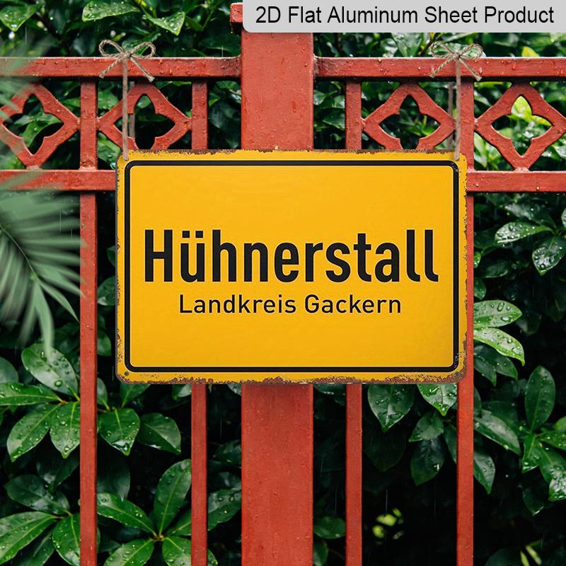 2D Flat, 12"x8" Rustic Vintage Aluminium Metal Chicken Coop Wall Sign - "Landkreis Gackern" German Text & "Hühnerstall" Design, Weather-Resistant