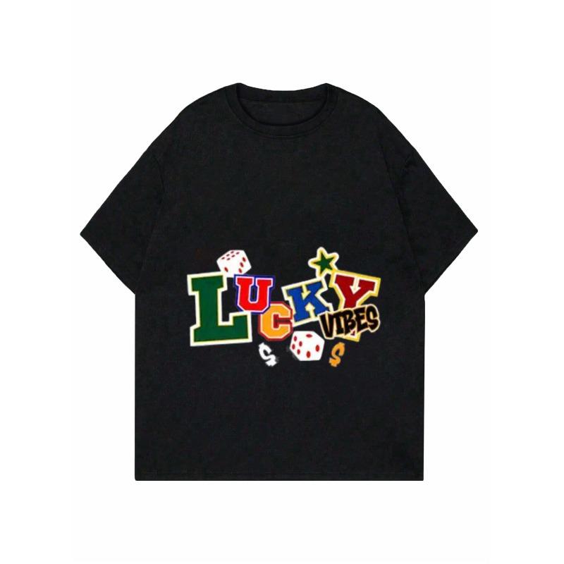 Lucky Vibes T Shirt Black Colorful Dice Star And Money Symbols Print Casual Wear For Women Party Outfit
