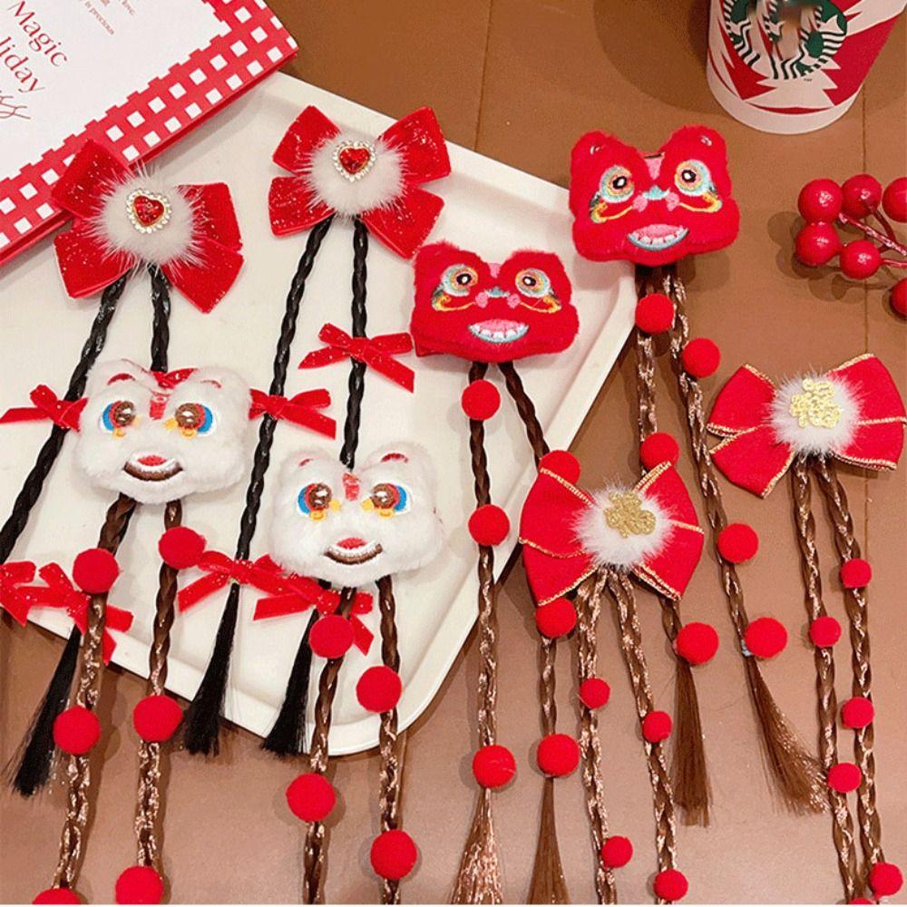 Wig Red Bow Hair Clip Tassel Plush Ball Hairpin Cute New Year Headwear  Decoration