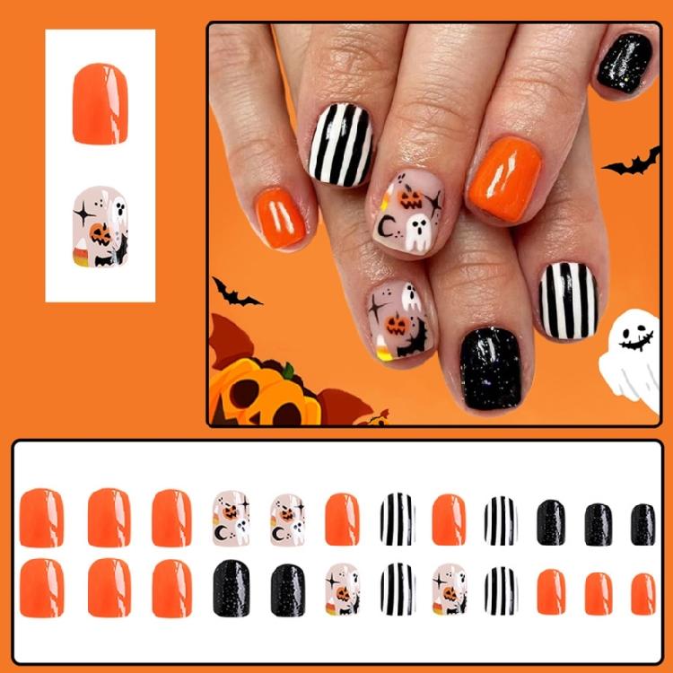 Halloween Press On Nail Plastic Artificial Nail Featuring Ghostly Stripes And Pumpkin Bat Designs For Costume Parties
