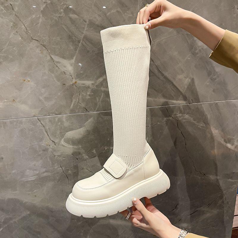 Fashion Platform Winter Knee High Shaft Long Elastic White Footwear Women's Boots Black Shoes for Woman Sock 2024 Novelty Spring Pu New