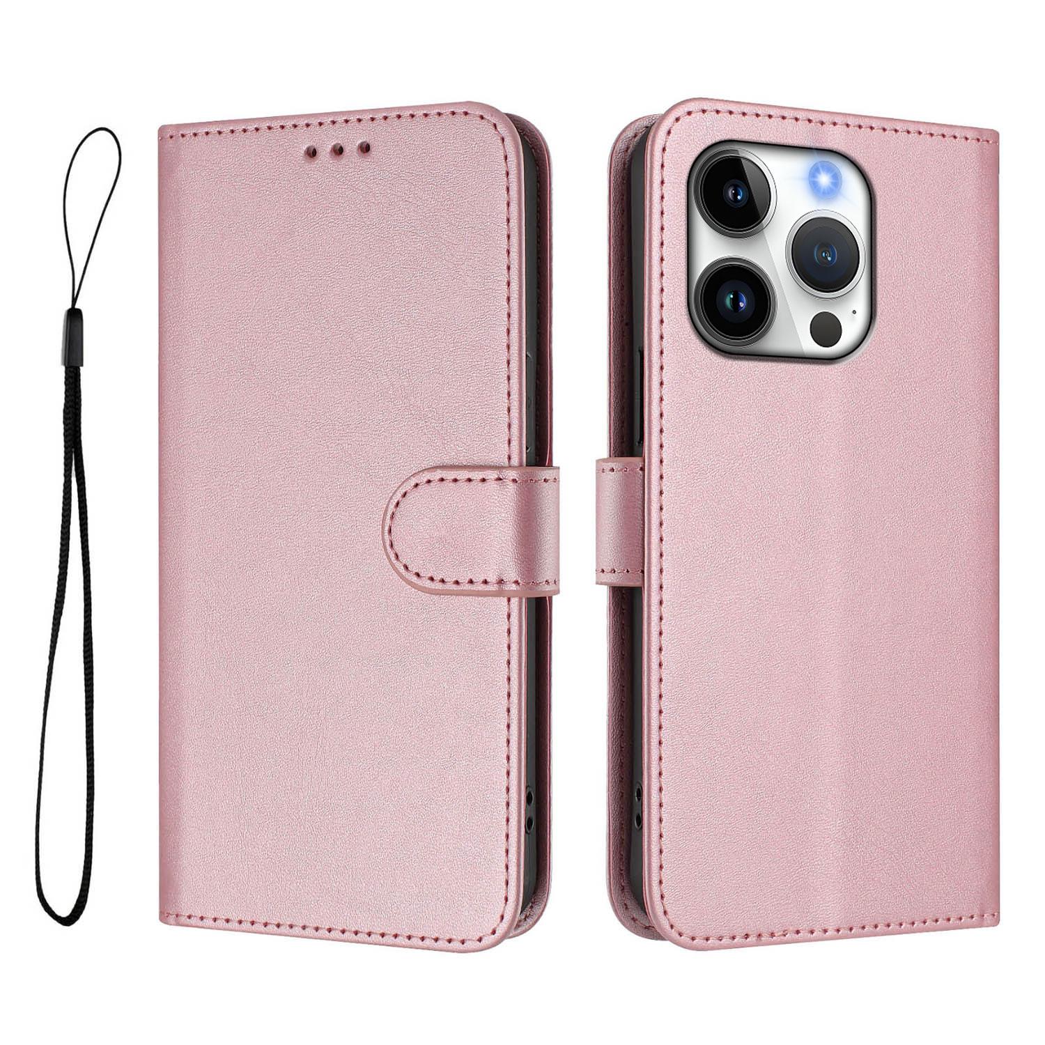 

For iPhone 16 Pro Wallet Case RFID Blocking Calf Texture Leather Stand Phone Cover with Strap Pink