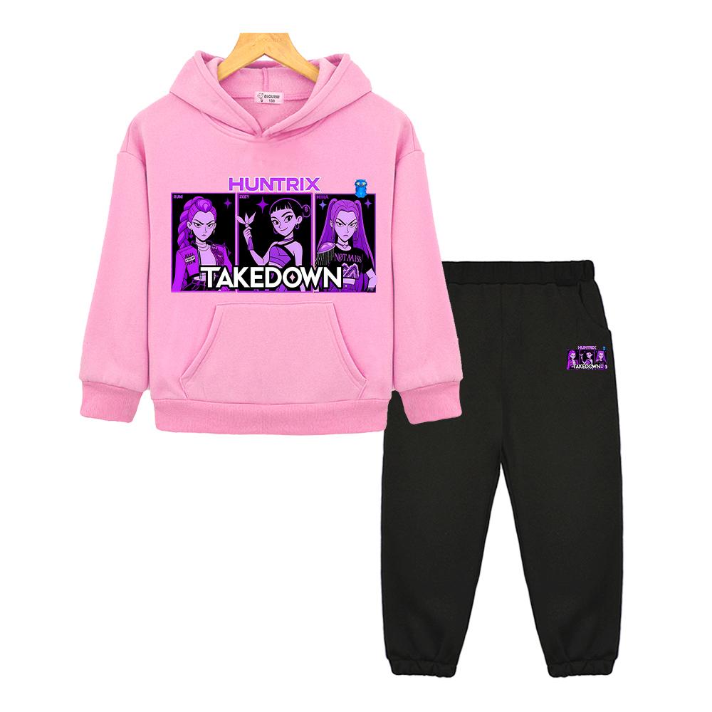 

kpop demon hunters Autumn hoodie Fleece sweatshirt Jacket kids boutique clothe 2pcs pullover+pant Christmas boy girl Hooded Sets 130 розовый