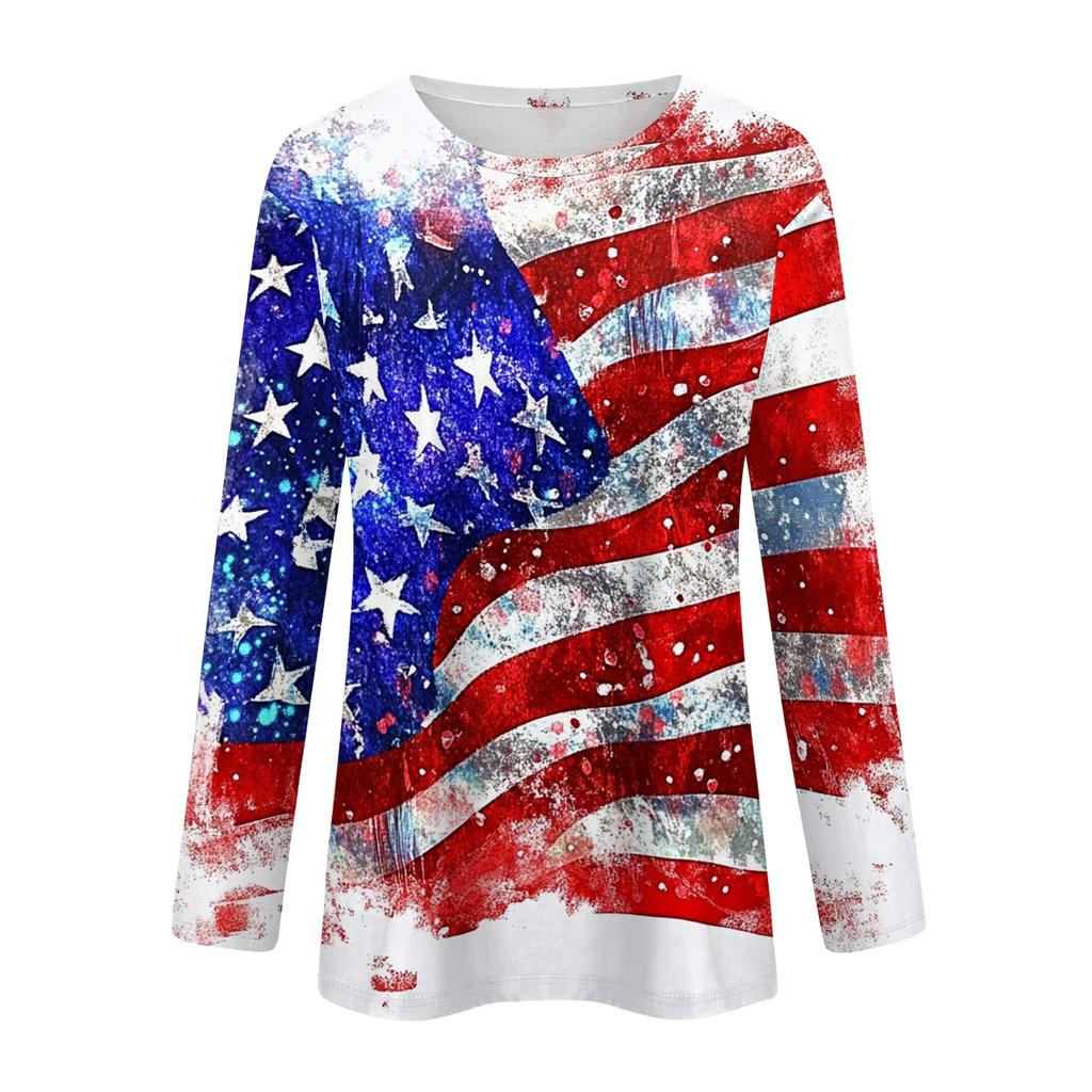 Women’s Casual Long Sleeve Crewneck Top with Independence Day Flag and Floral Print Loose Fit Comfortable Pullover Shirt