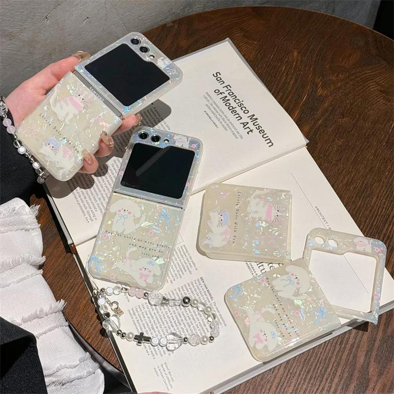 Phone Case For Samsung Galaxy Z Flip 3 4 5 Z Flip5 ZFlip 5 ZFlip5 Cartoon Cat Dog Bead Bracelet Shockproof Cover