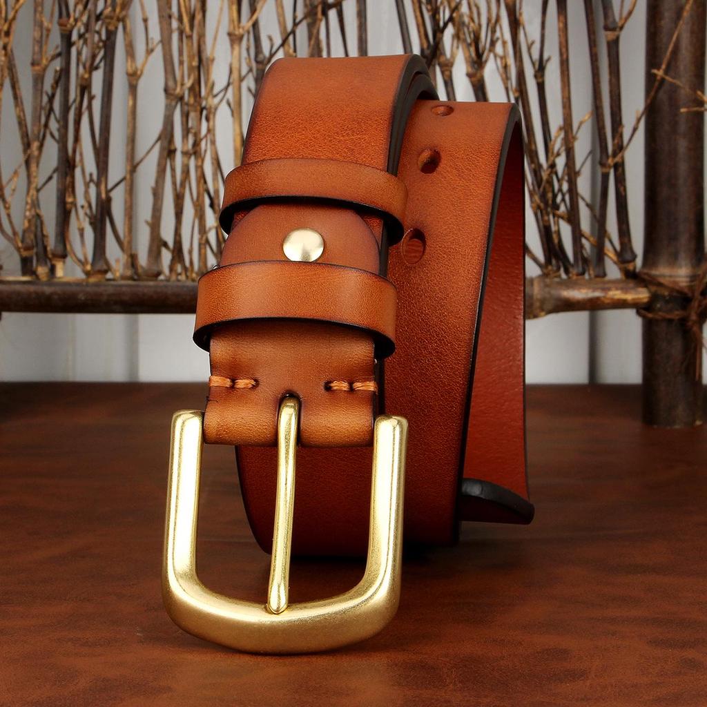 Men's Genuine Leather Belt with Solid Brass Buckle - European Retro Style, Durable Cowhide Waistband
