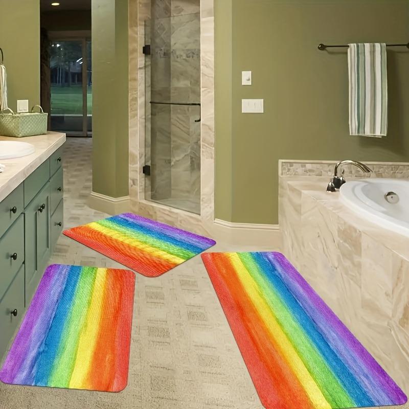 1PC Vibrant Rainbow Strope Kitchen Rug Non-Slip Door Mat Pop Design Bathroom Rug Bath Mat Carpet for Home Sink Laundry Decor