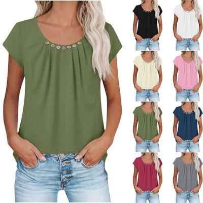 Damen Casual Plissiertes Knopfleisten-Kurzarm-T-Shirt Top