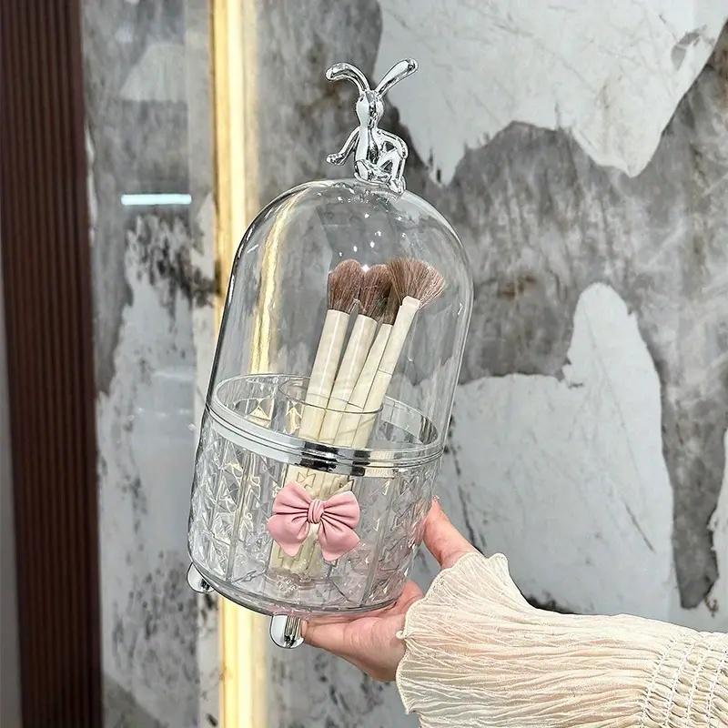 

Вращающийся органайзер для макияжа Прозрачный пластиковый ящик для хранения косметики с пыленепроницаемой крышкой для помад, кистей и аксессуаров