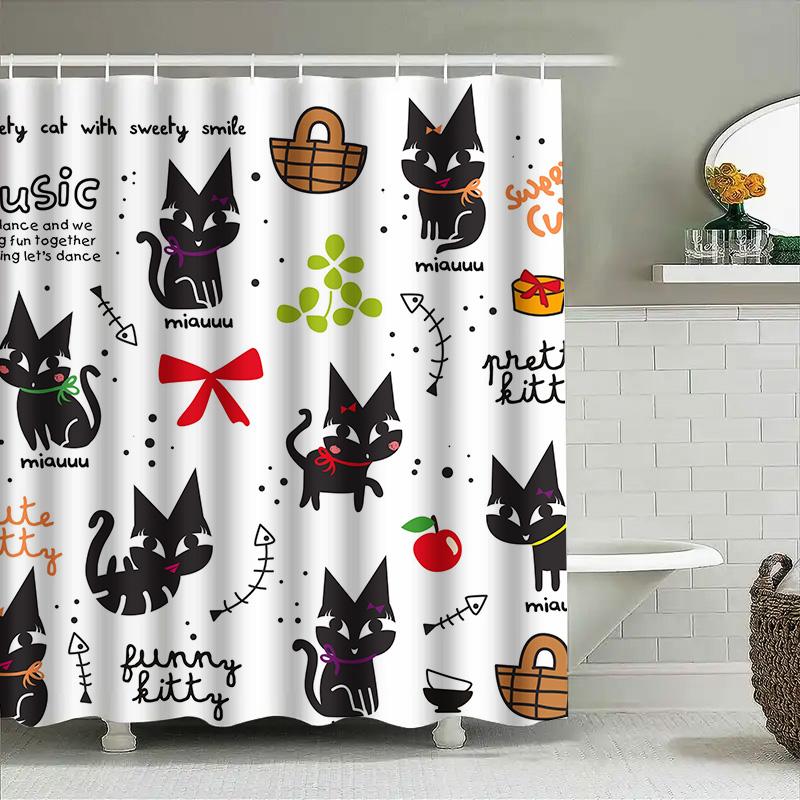 

Кавайные коты Занавеска для душа Принт черного кота для декора ванной комнаты Милая кошечка Веселый дизайн Цитаты о любви к музыке и фруктам Белый фон 150x200cm
