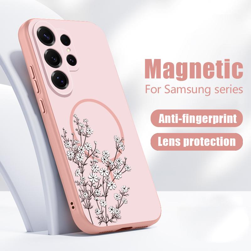 Line Rose Butterfly Floral Pattern Case For Samsung Galaxy S26 Ultra S25 Edge S24 Plus S23 FE S22 A17 A54 A55 A56 A57 5G Magnetic For Magsafe Cover