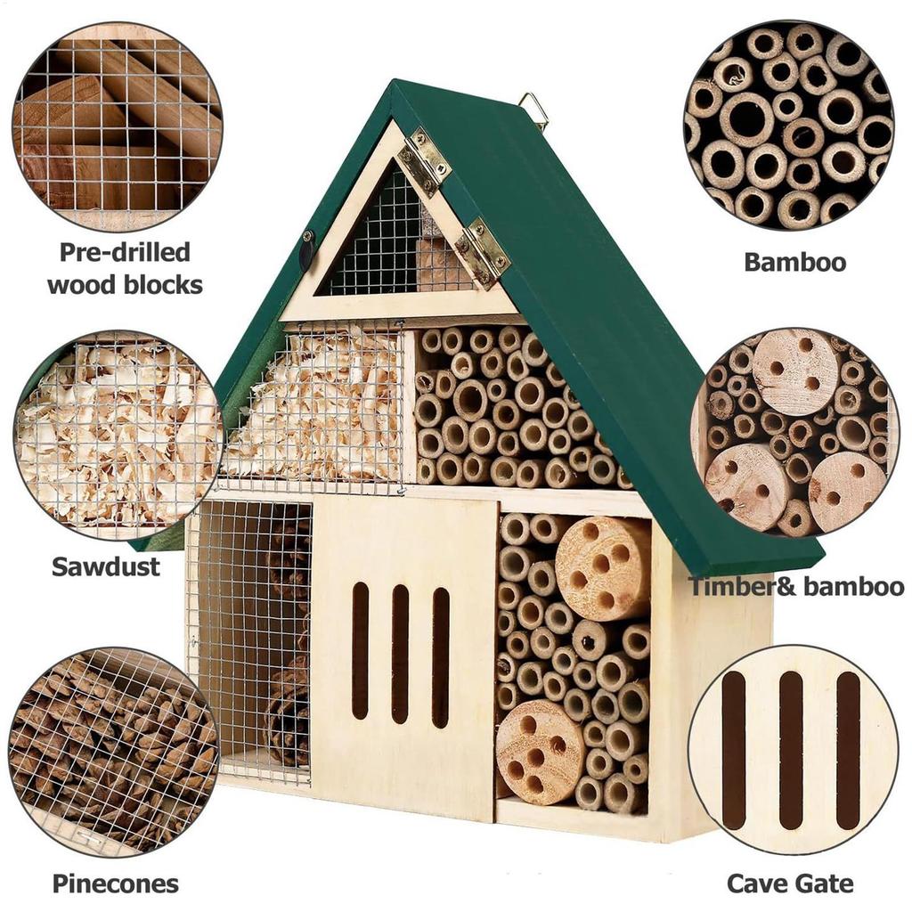Insect Hotel Bee House Wooden Weatherproof Ladybug House Hanging Butterfly Shelter Solitary Bee Habitat for Garden Yard Balcony