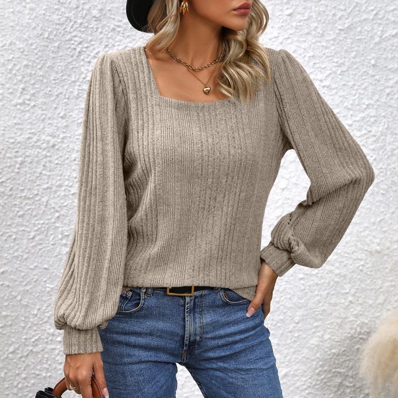 

2024 Autumn and Winter New Women s Pit Strip Brushed Square Collar Fashionable Lantern Sleeve Long-sleeved Top XXL хакі