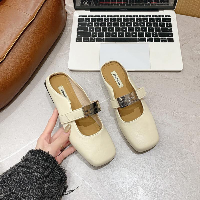 

Wear a pedal bag head and half slippers outside, spring new square head flat bottom temperament metal decorative shoes women 35 бежевый