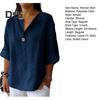 Women Shirt V-Neck Button Decor 3/4 Sleeve Pullover Tops Loose Fit Basic Neckline Solid Color Summer Shirt Tops