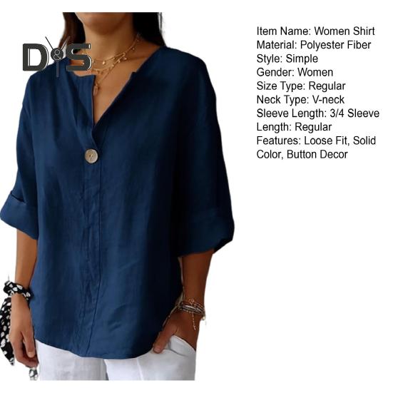 Women Shirt V-Neck Button Decor 3/4 Sleeve Pullover Tops Loose Fit Basic Neckline Solid Color Summer Shirt Tops