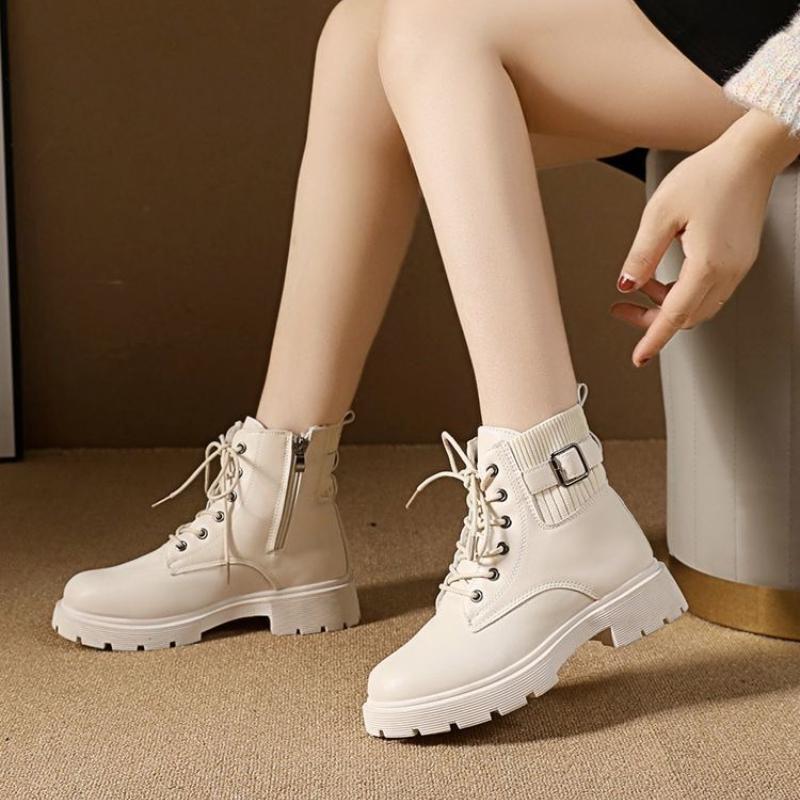 Fashion Women's Ankle Boots Black Leather Splicing Knit Lace-up Booties Pu Goth New In Y2k On Offer Autumn Hot Sale Female Short Shoes